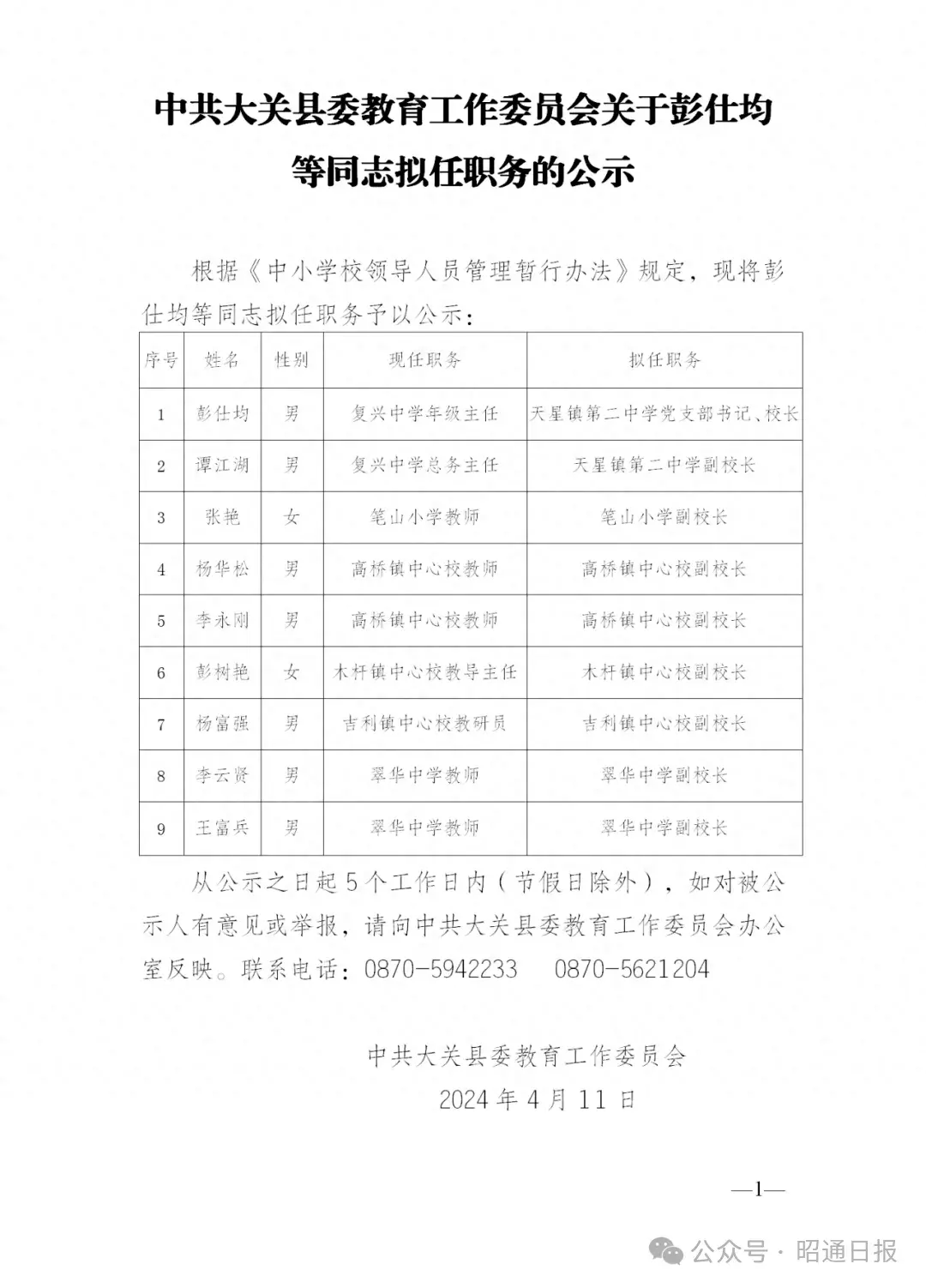 大关县小学最新人事任命公告